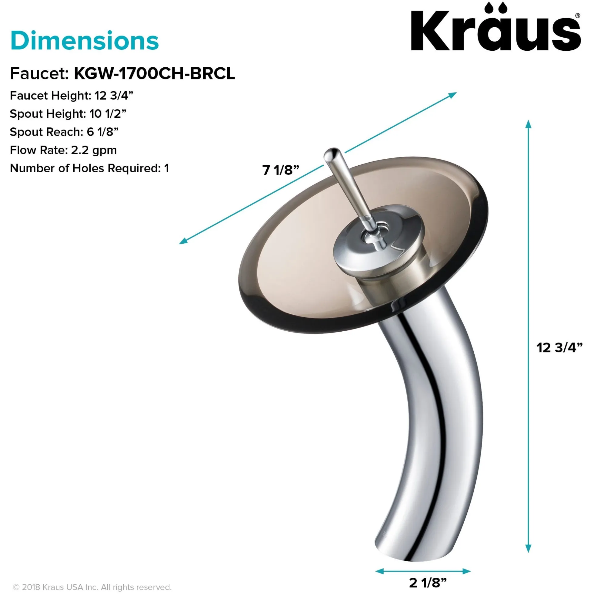 Waterfall Bathroom Faucet with Clear Brown Glass Disk in Chrome