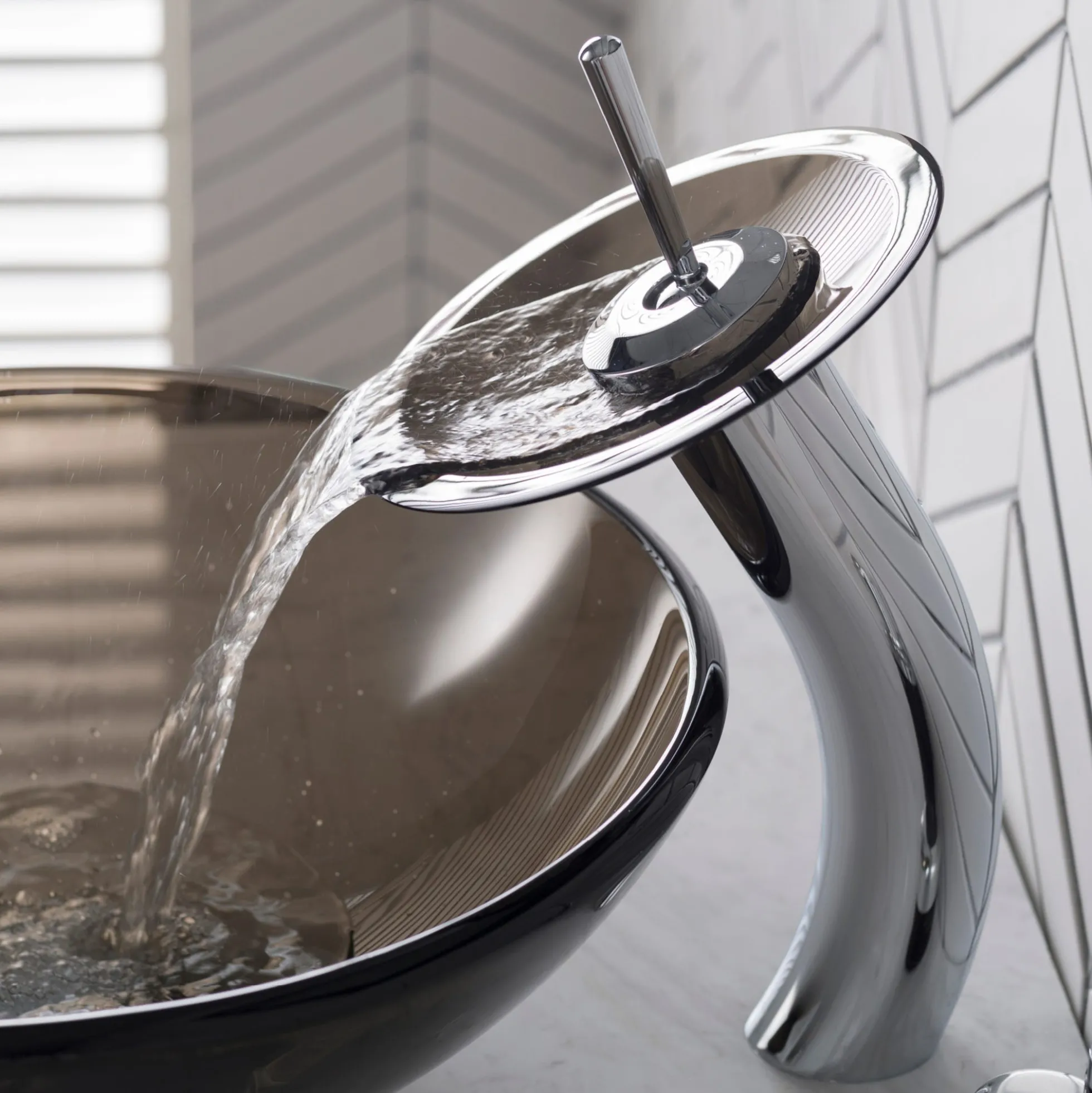 Waterfall Bathroom Faucet with Clear Brown Glass Disk in Chrome