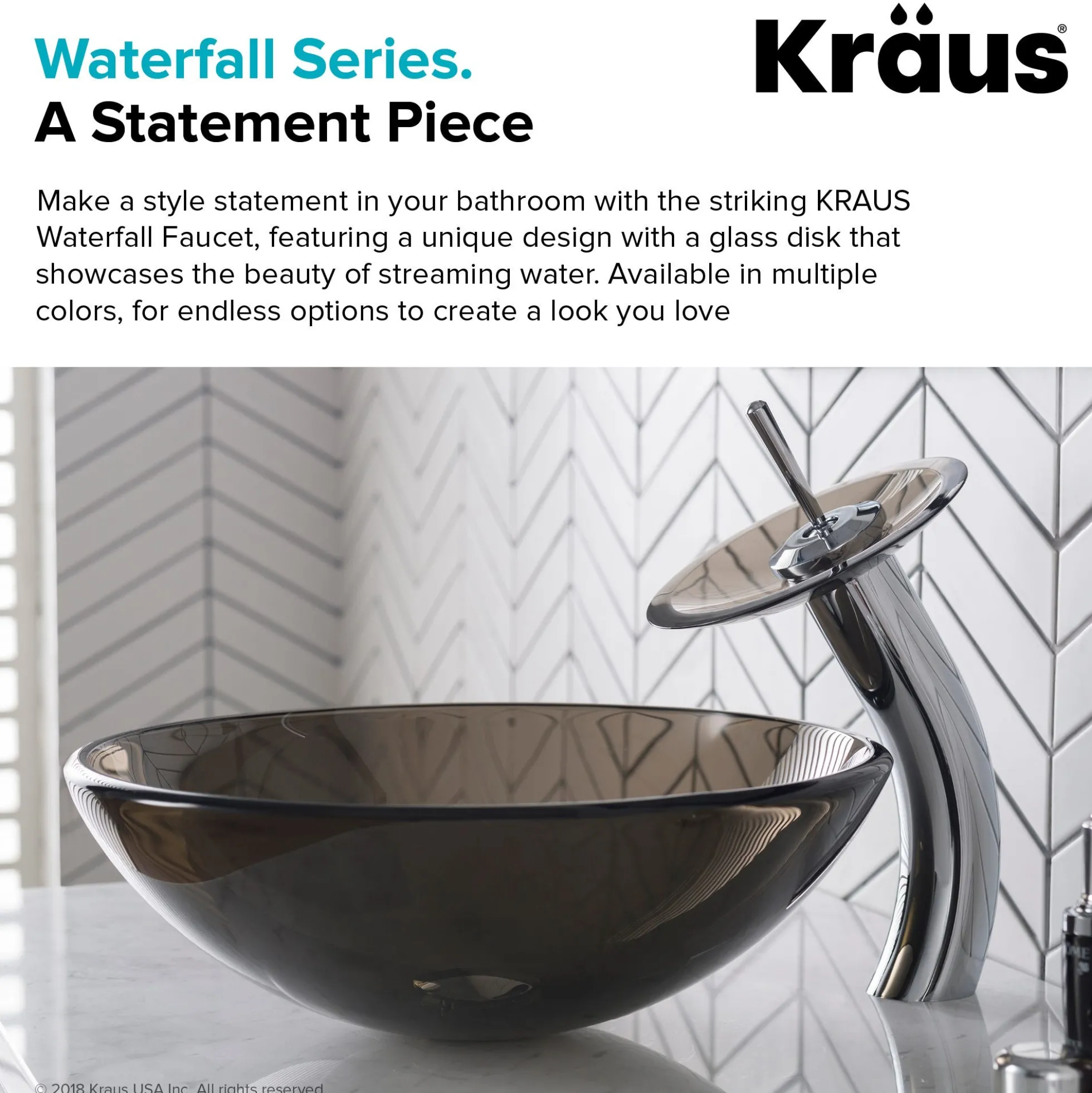 Waterfall Bathroom Faucet with Clear Brown Glass Disk in Chrome