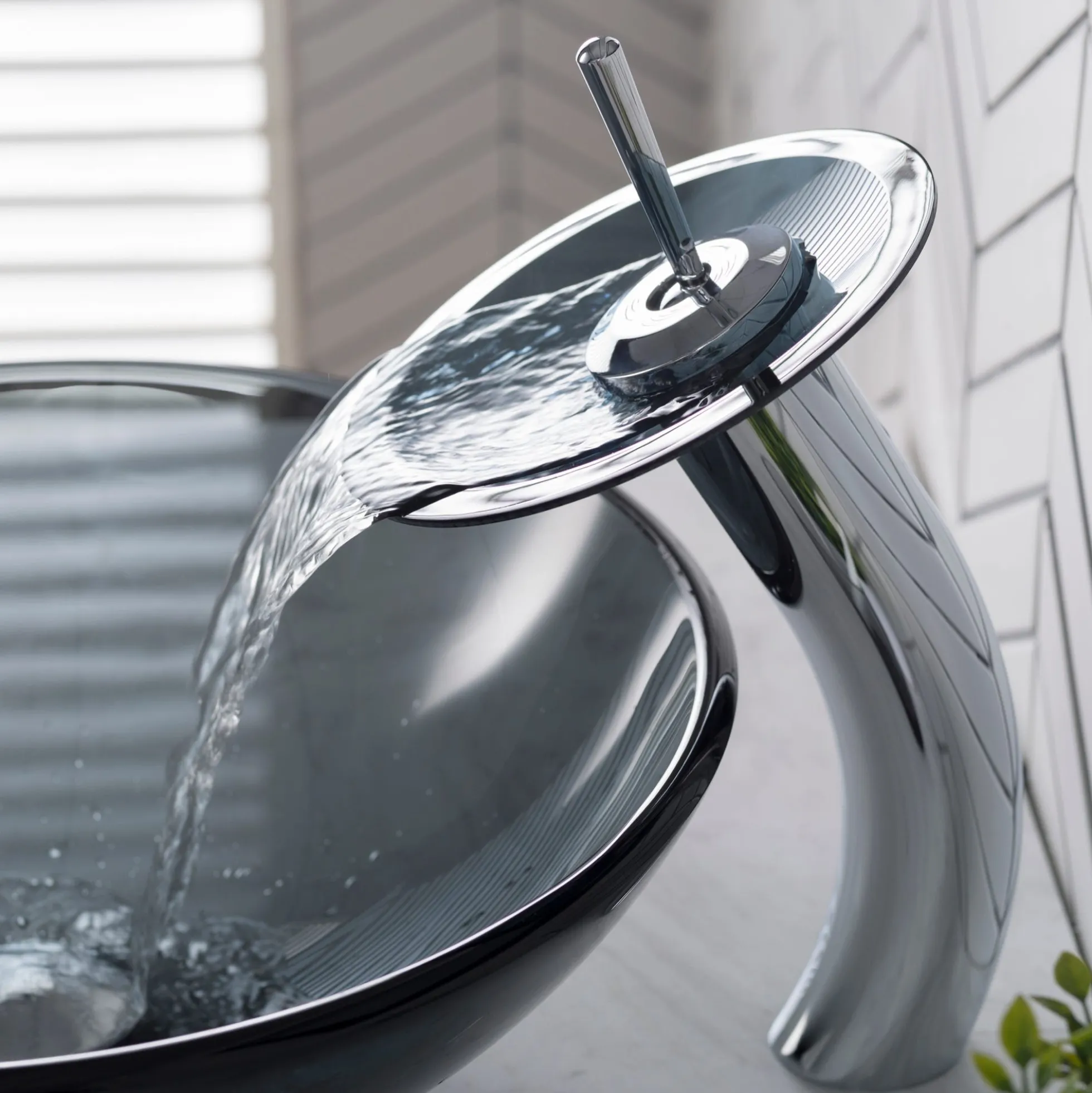 Waterfall Bathroom Faucet with Frosted Black Glass Disk in Chrome