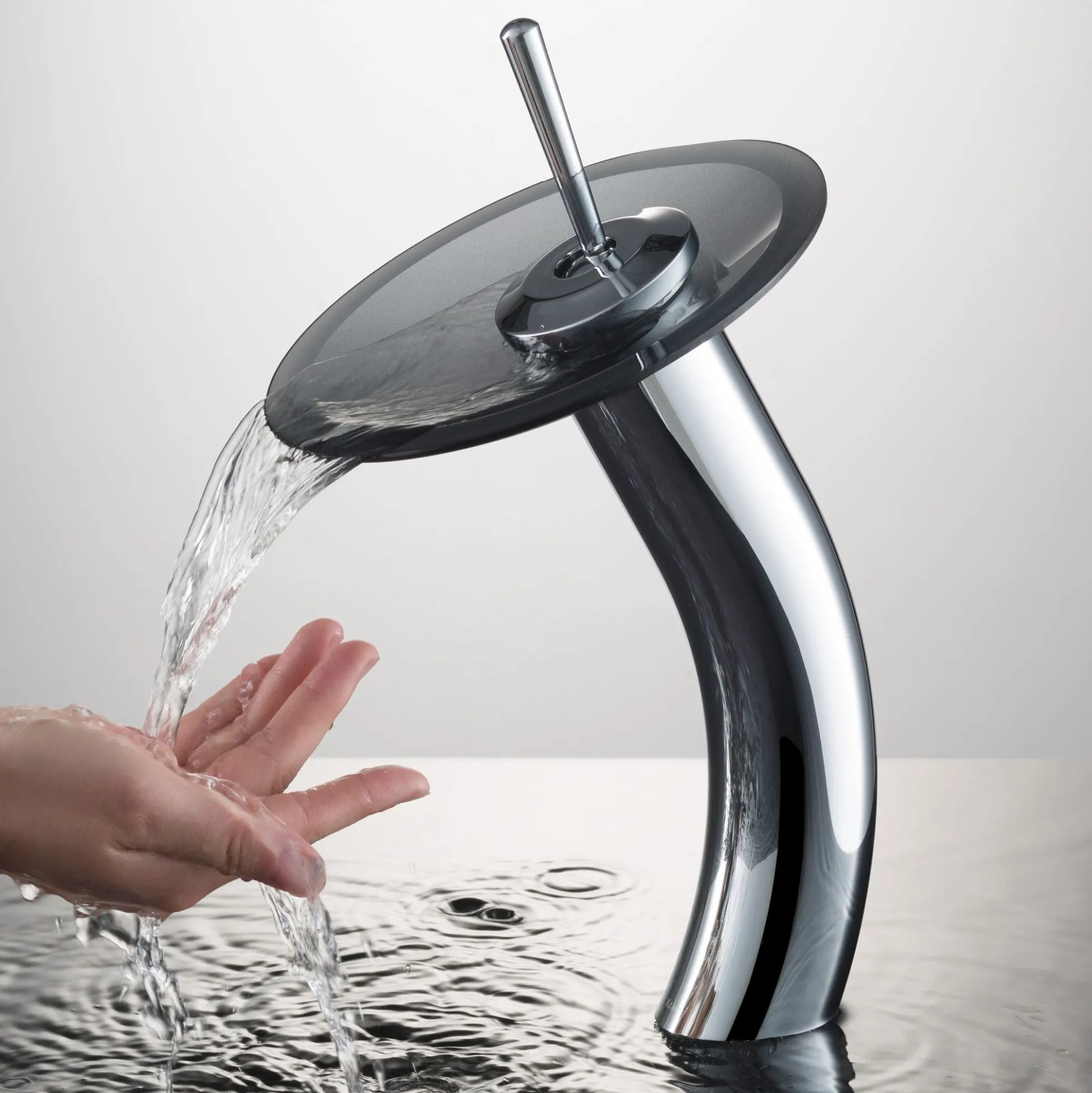 Waterfall Bathroom Faucet with Frosted Black Glass Disk in Chrome