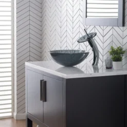 Waterfall Bathroom Faucet with Frosted Black Glass Disk in Chrome