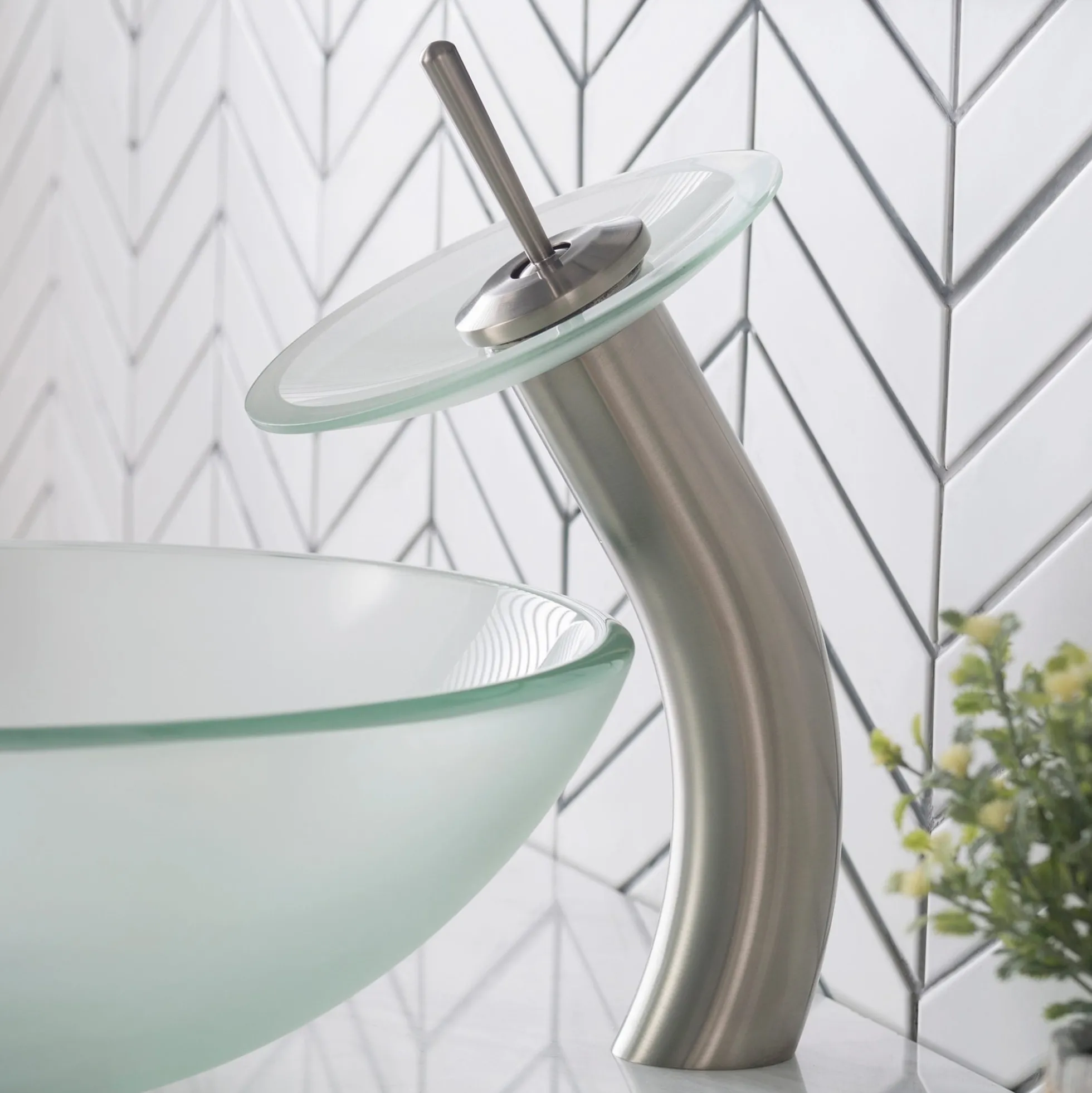 Waterfall Bathroom Faucet with Frosted Glass Disk and Pop-Up Drain in Satin Nickel