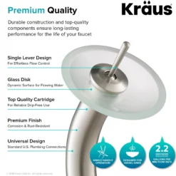 Waterfall Bathroom Faucet with Frosted Glass Disk and Pop-Up Drain in Satin Nickel