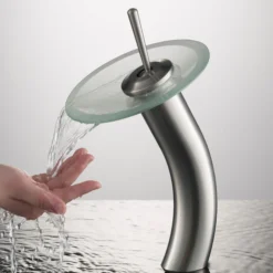 Waterfall Bathroom Faucet with Frosted Glass Disk and Pop-Up Drain in Satin Nickel