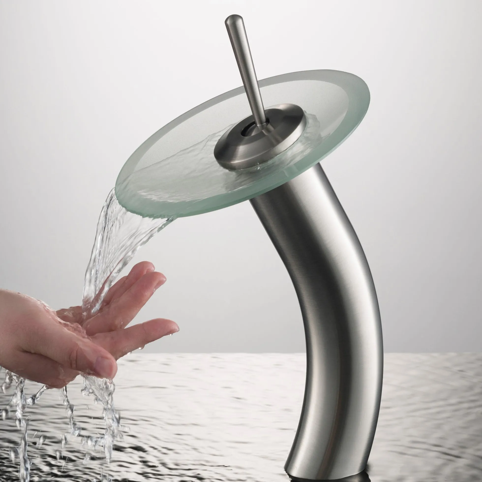 Waterfall Bathroom Faucet with Frosted Glass Disk and Pop-Up Drain in Satin Nickel