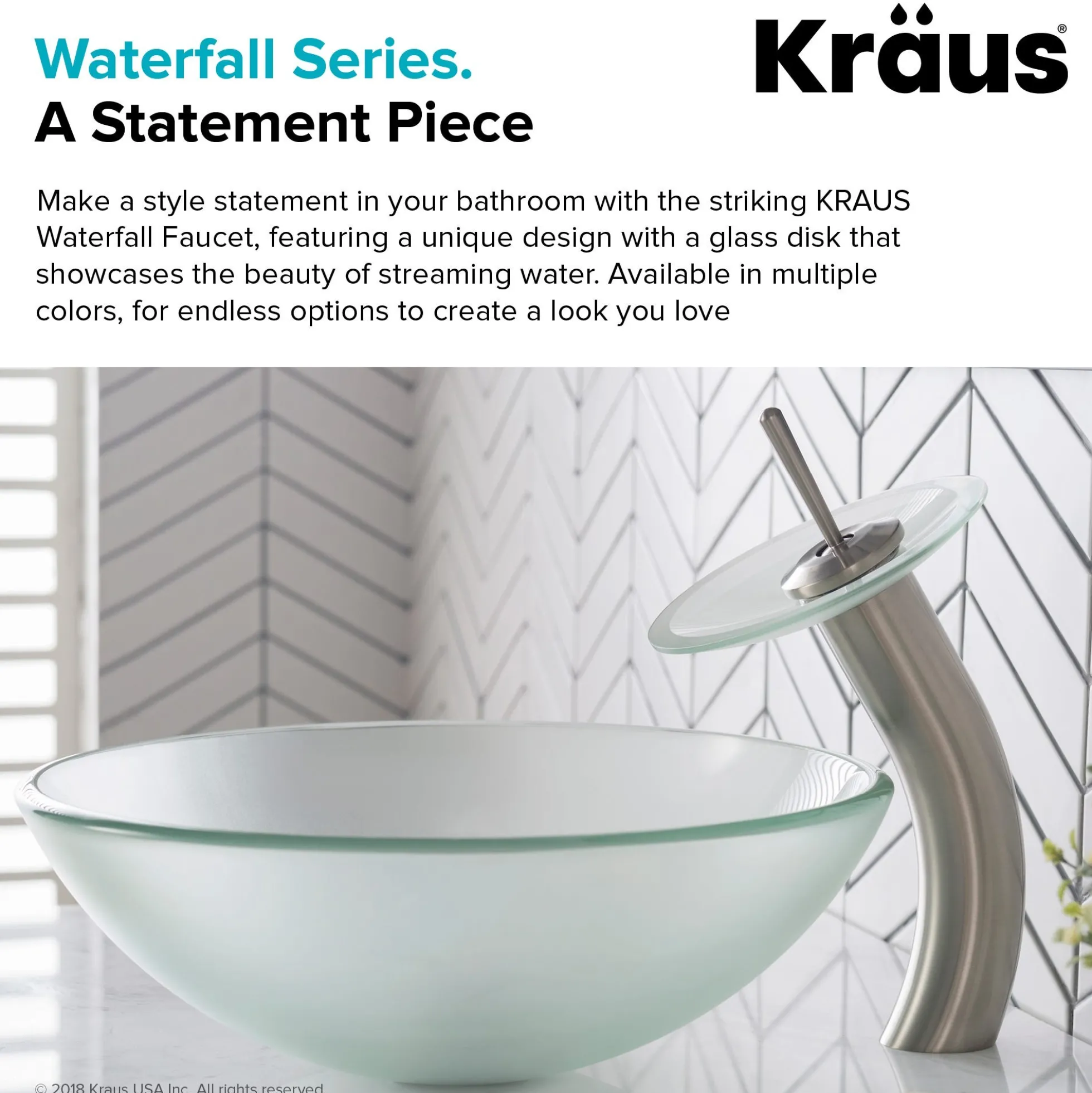Waterfall Bathroom Faucet with Frosted Glass Disk and Pop-Up Drain in Satin Nickel