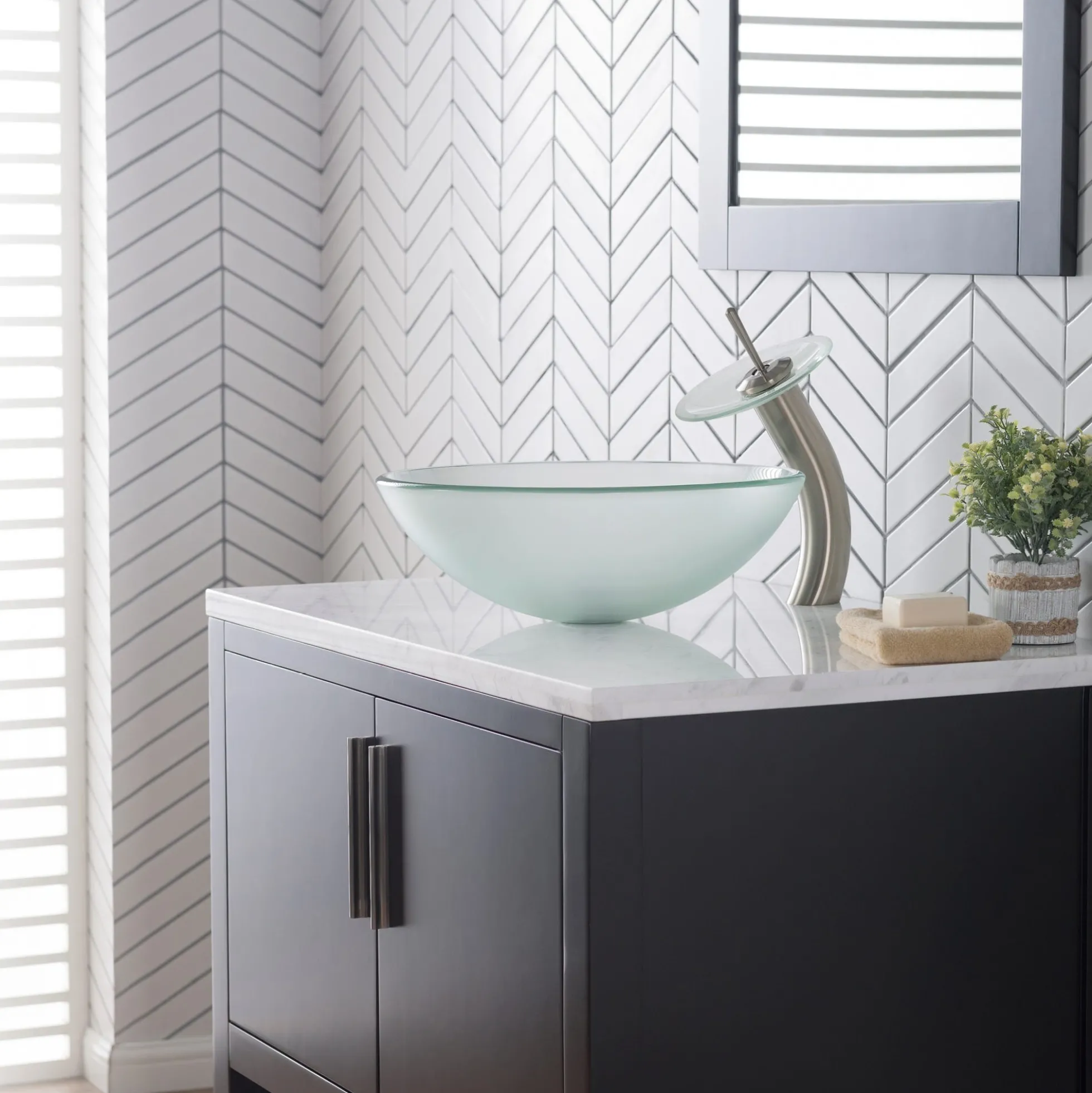 Waterfall Bathroom Faucet with Frosted Glass Disk and Pop-Up Drain in Satin Nickel