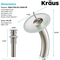 Waterfall Bathroom Faucet with Frosted Glass Disk and Pop-Up Drain in Satin Nickel