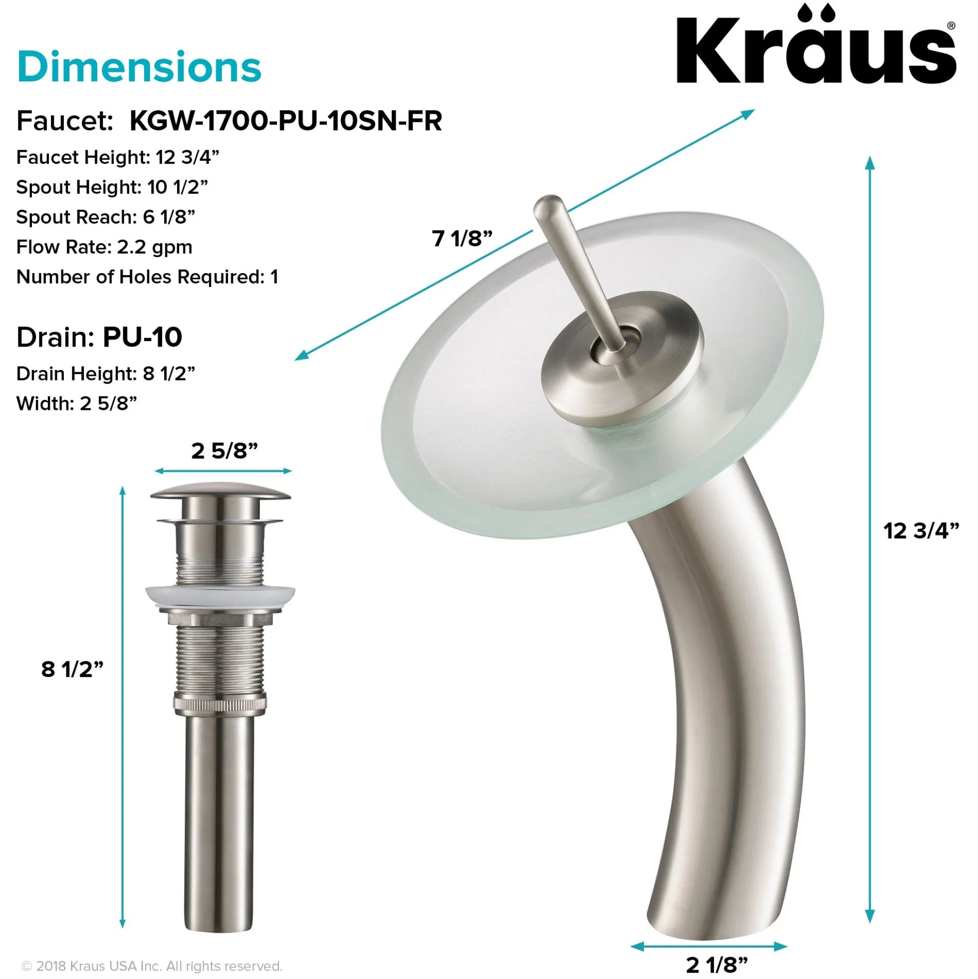 Waterfall Bathroom Faucet with Frosted Glass Disk and Pop-Up Drain in Satin Nickel