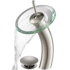 Waterfall Bathroom Faucet with Clear Glass Disk and Pop-Up Drain in Satin Nickel