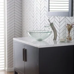 Waterfall Bathroom Faucet with Clear Glass Disk and Pop-Up Drain in Satin Nickel