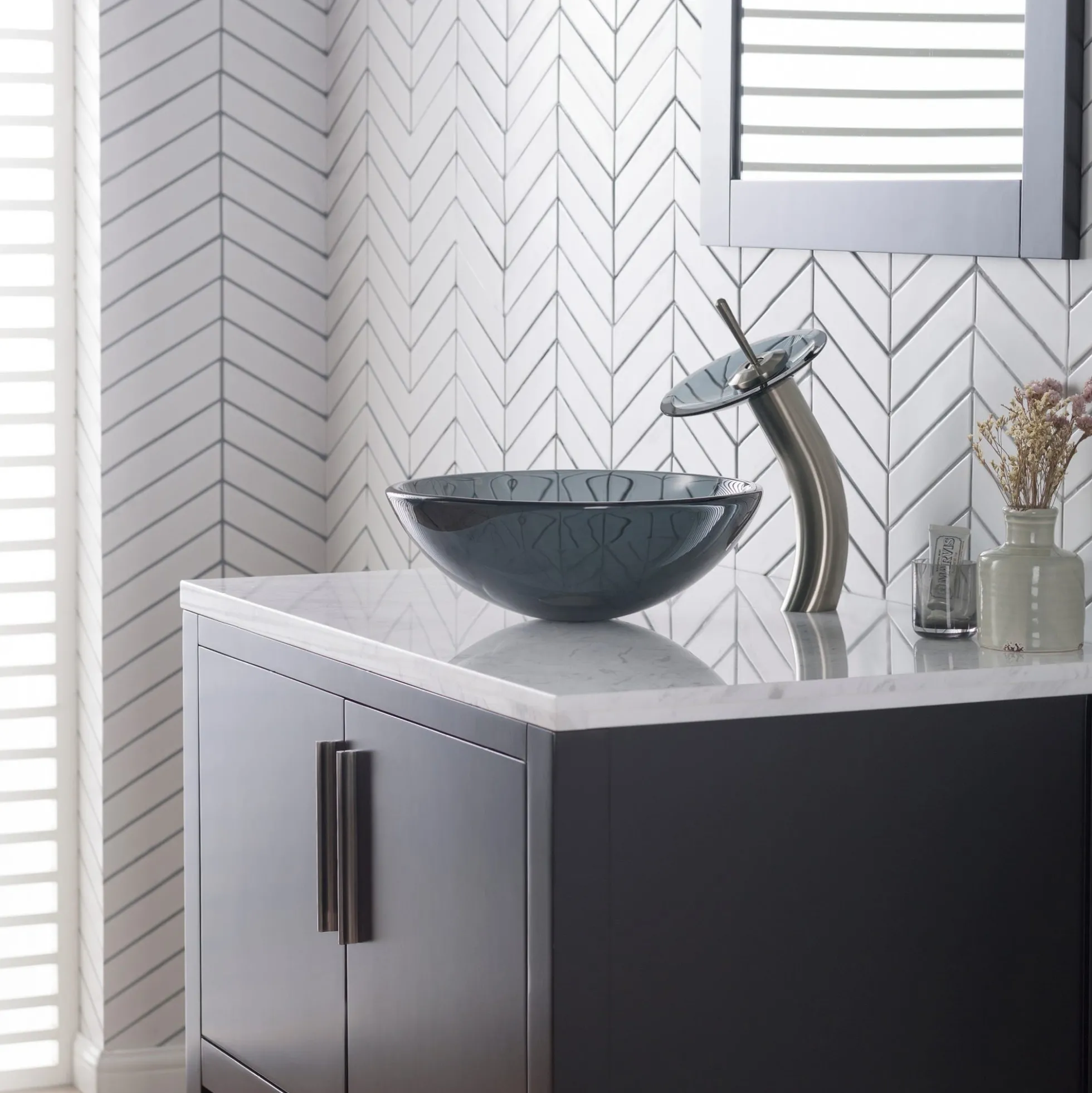 Waterfall Bathroom Faucet with Clear Black Glass Disk and Pop-Up Drain in Satin Nickel
