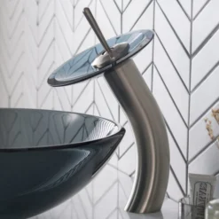 Waterfall Bathroom Faucet with Clear Black Glass Disk and Pop-Up Drain in Satin Nickel