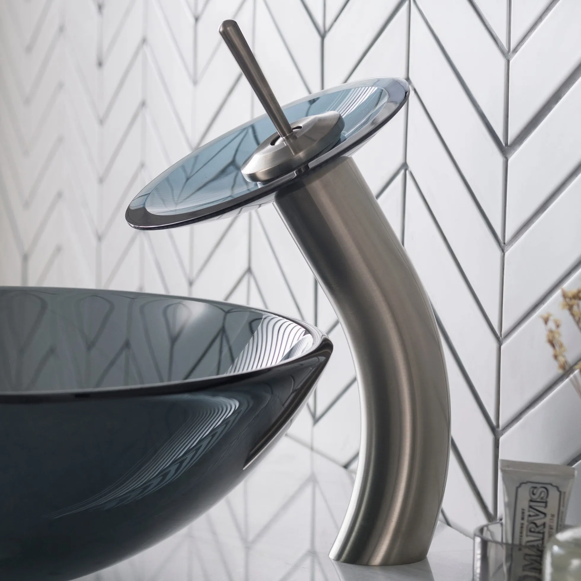 Waterfall Bathroom Faucet with Clear Black Glass Disk and Pop-Up Drain in Satin Nickel