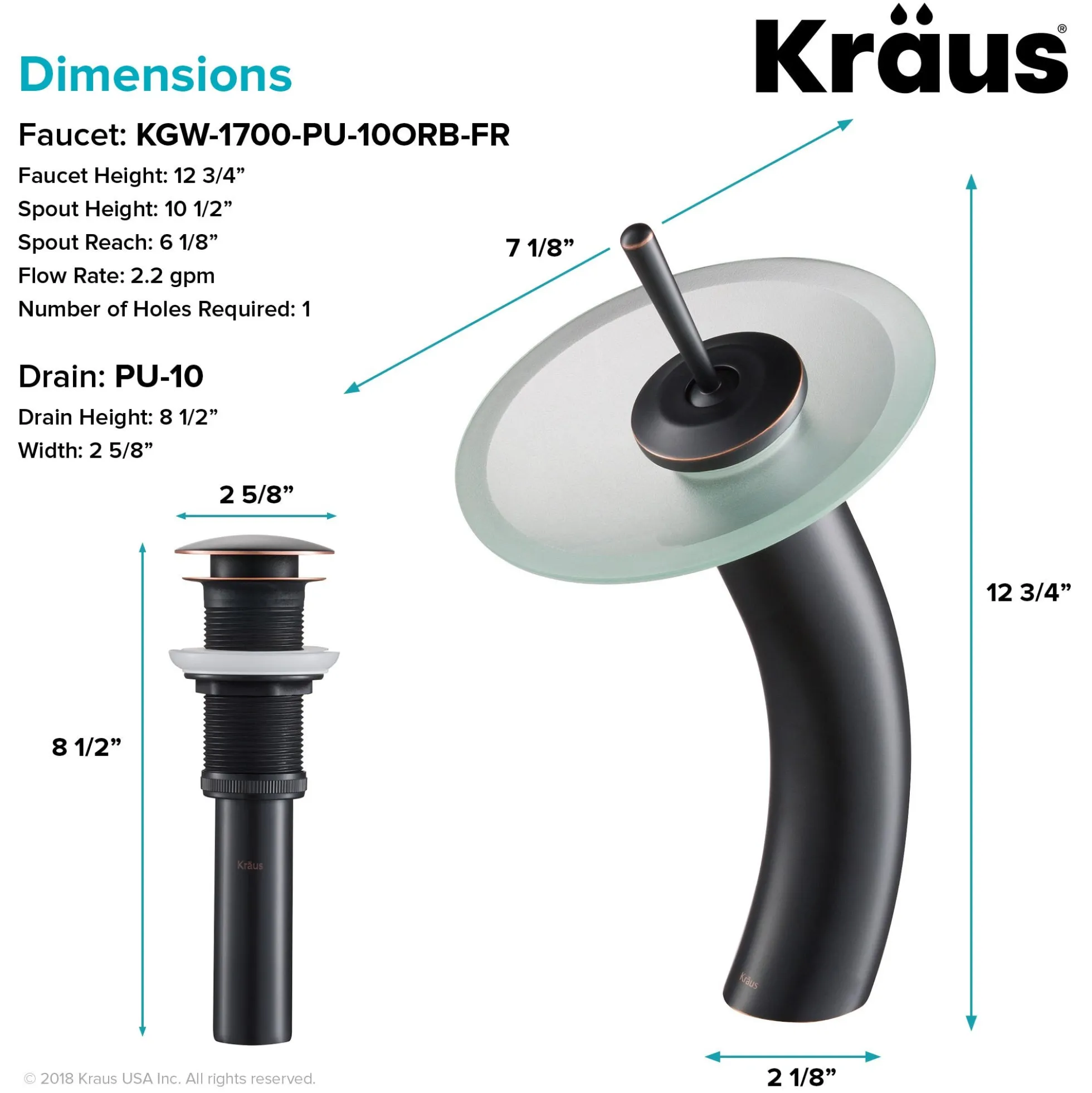 Waterfall Bathroom Faucet with Frosted Glass Disk and Pop-Up Drain in Oil Rubbed Bronze