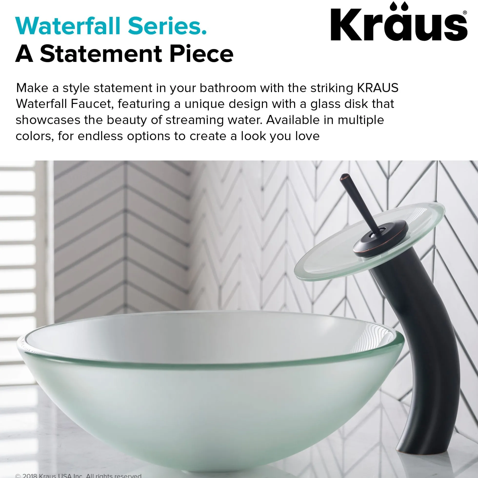 Waterfall Bathroom Faucet with Frosted Glass Disk and Pop-Up Drain in Oil Rubbed Bronze