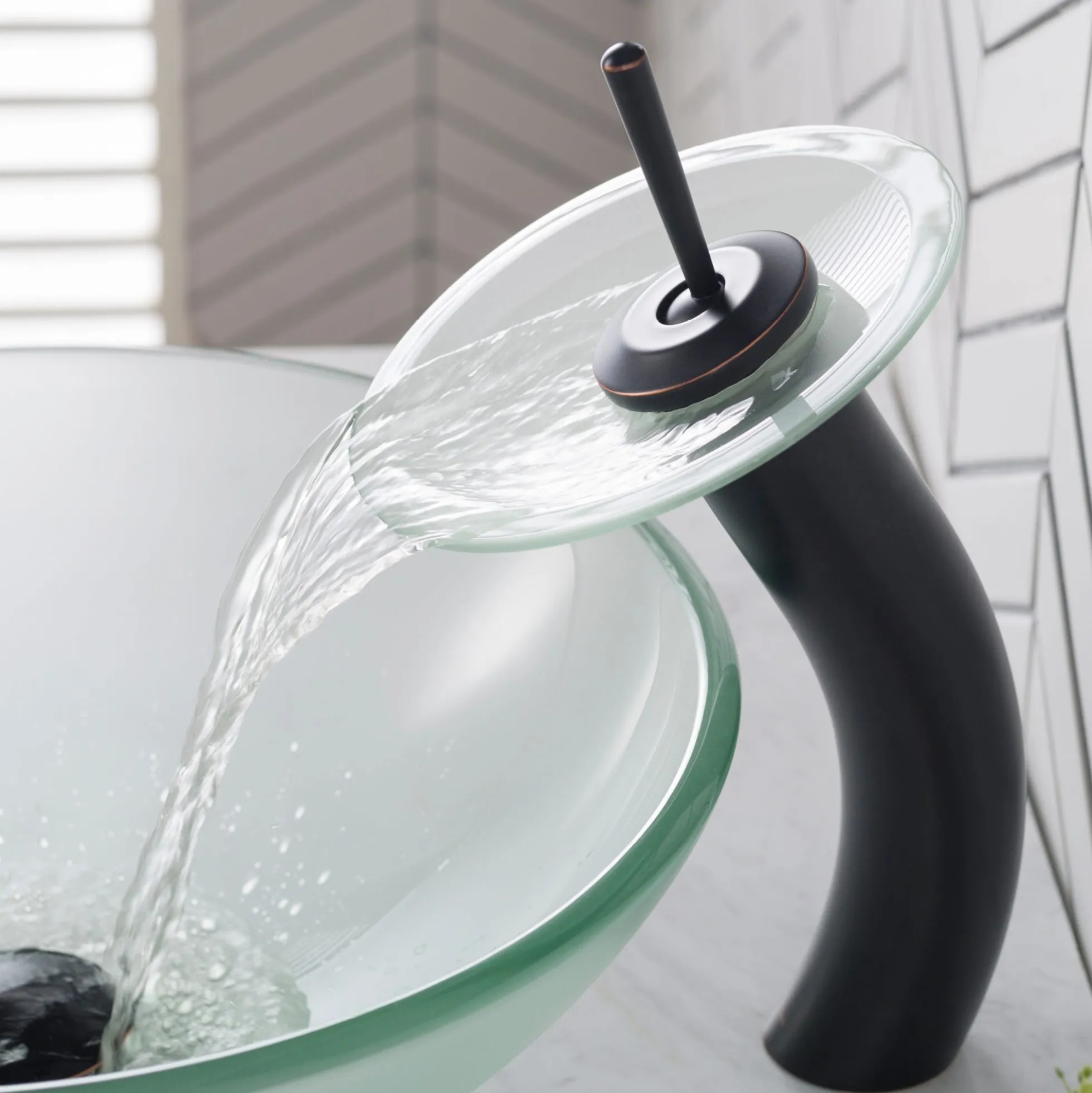 Waterfall Bathroom Faucet with Frosted Glass Disk and Pop-Up Drain in Oil Rubbed Bronze