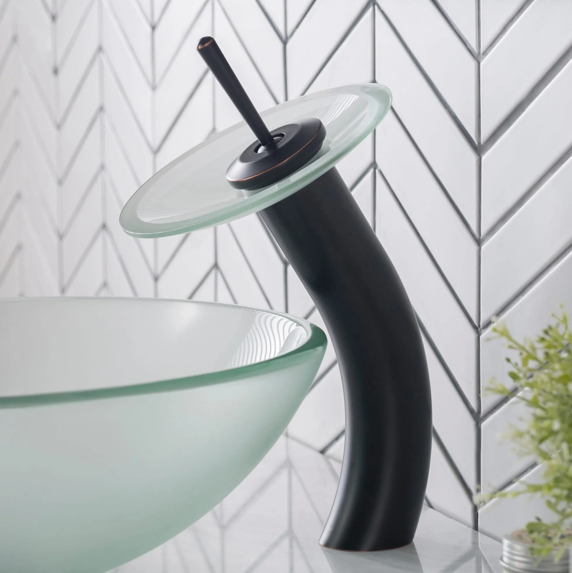 Waterfall Bathroom Faucet with Frosted Glass Disk and Pop-Up Drain in Oil Rubbed Bronze