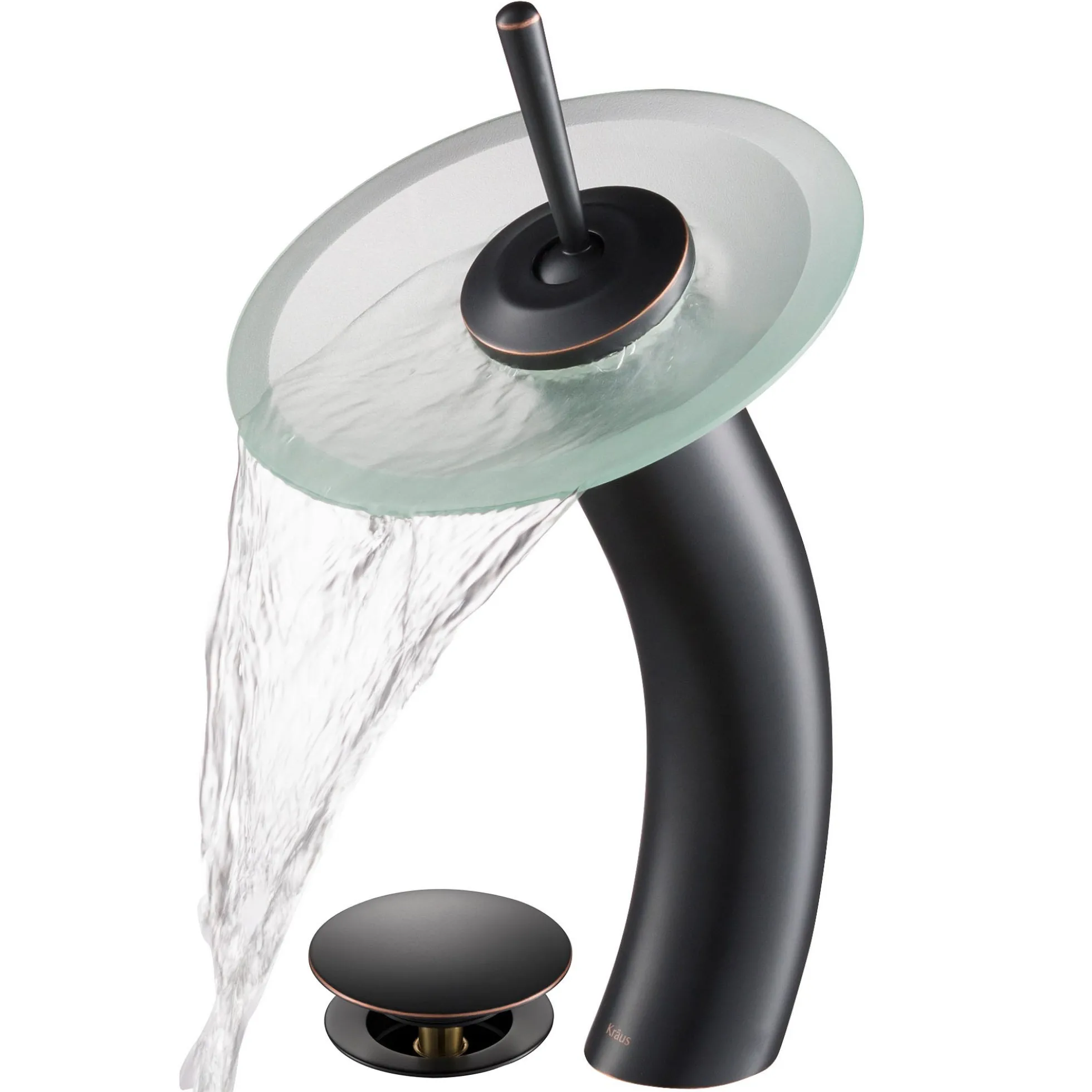 Waterfall Bathroom Faucet with Frosted Glass Disk and Pop-Up Drain in Oil Rubbed Bronze