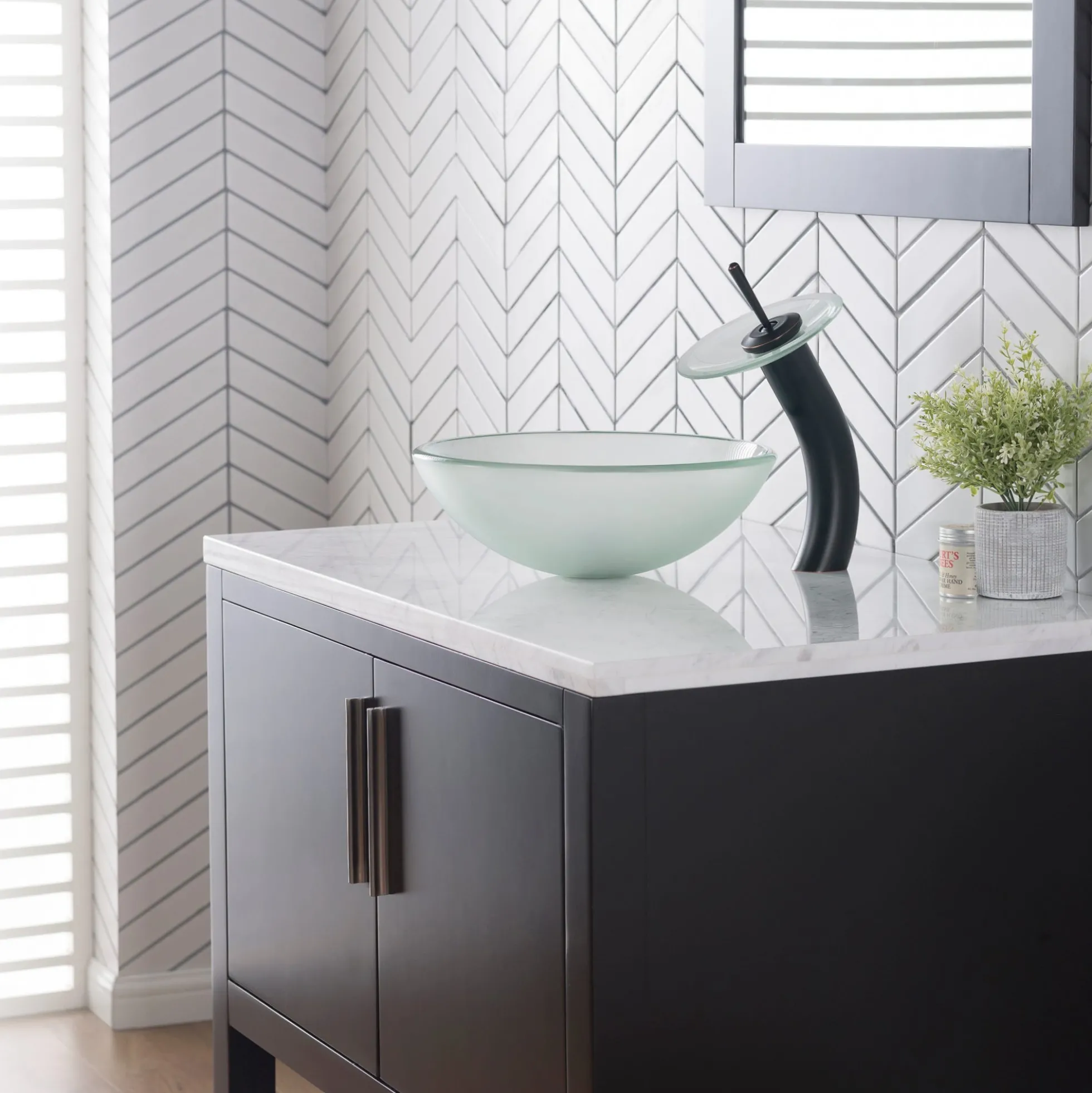 Waterfall Bathroom Faucet with Frosted Glass Disk and Pop-Up Drain in Oil Rubbed Bronze