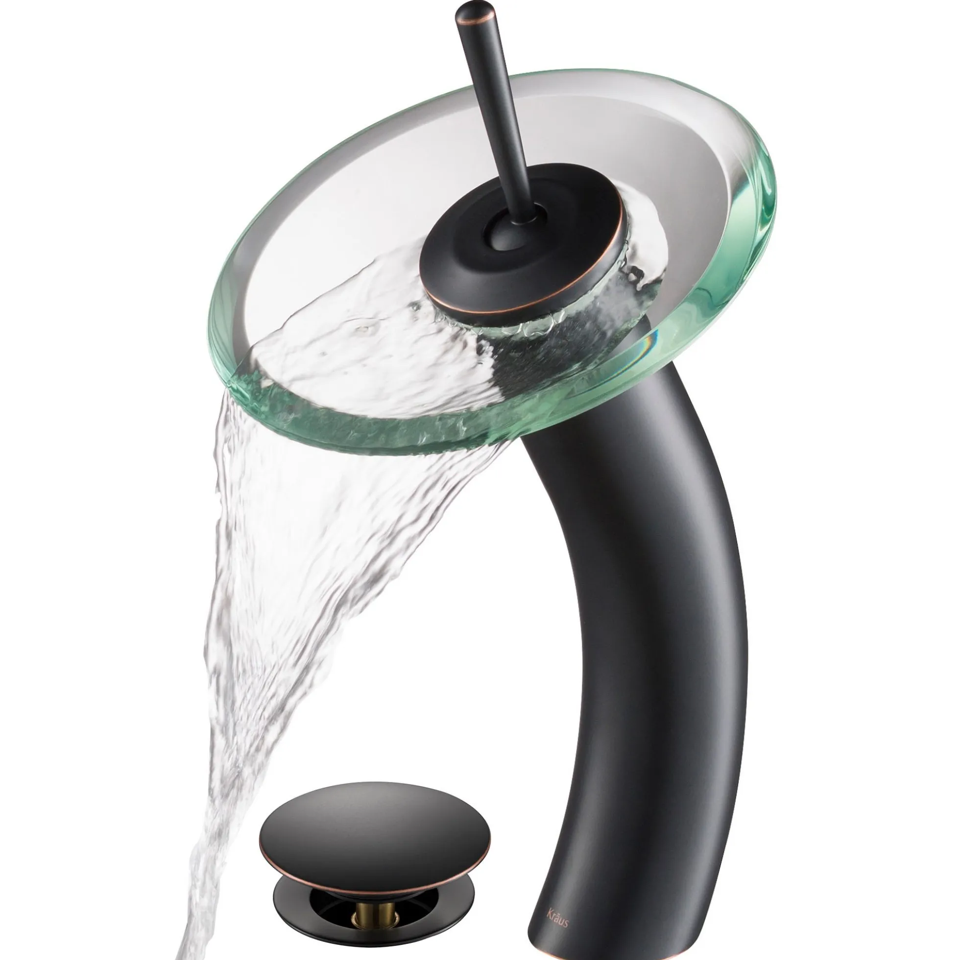 Waterfall Bathroom Faucet with Clear Glass Disk and Pop-Up Drain in Oil Rubbed Bronze