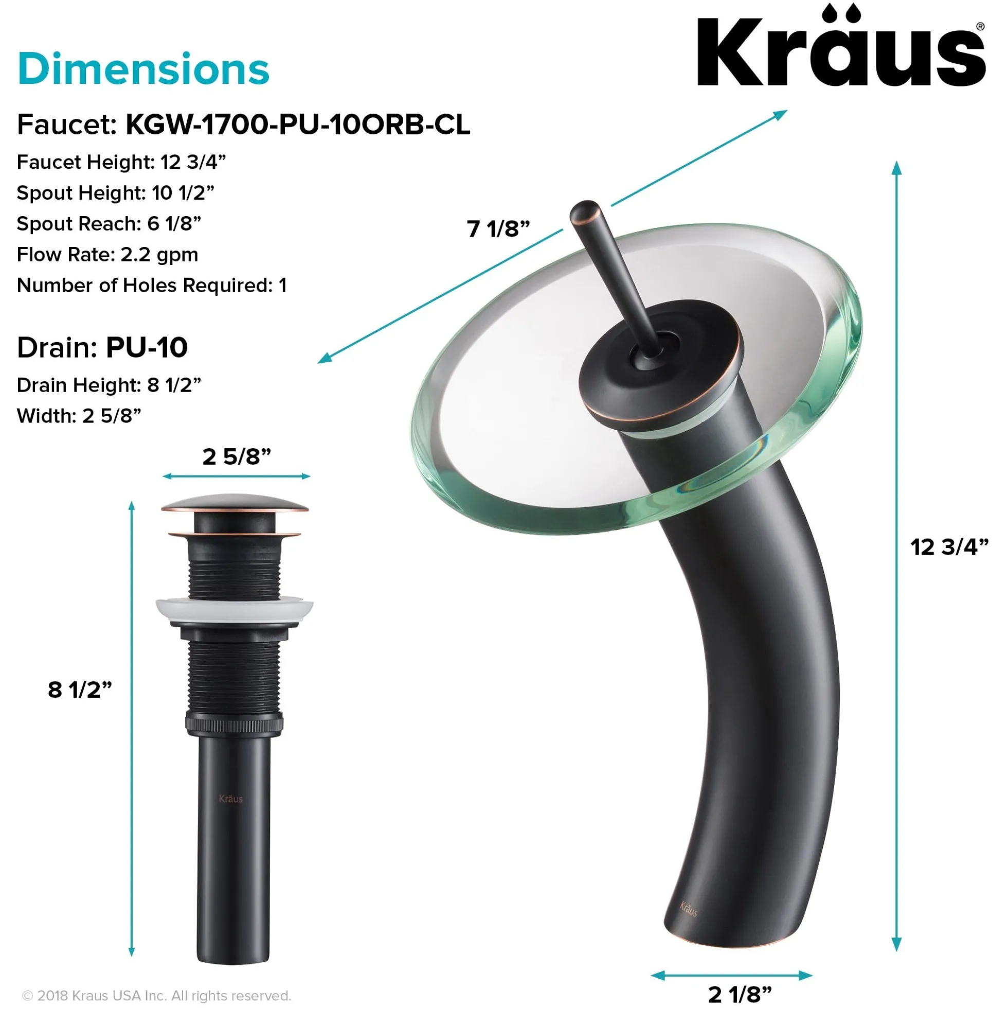 Waterfall Bathroom Faucet with Clear Glass Disk and Pop-Up Drain in Oil Rubbed Bronze
