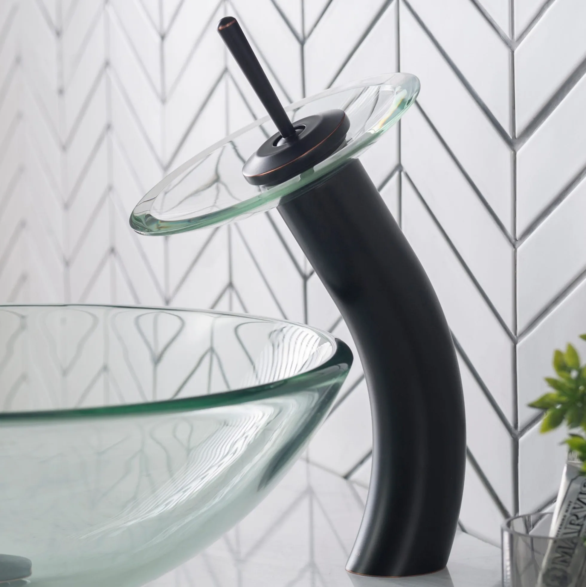 Waterfall Bathroom Faucet with Clear Glass Disk and Pop-Up Drain in Oil Rubbed Bronze