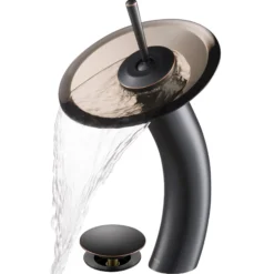Waterfall Bathroom Faucet with Clear Brown Glass Disk and Pop-Up Drain in Oil Rubbed Bronze