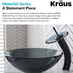 Waterfall Bathroom Faucet with Clear Black Glass Disk and Pop-Up Drain in Oil Rubbed Bronze