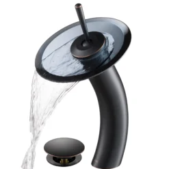 Waterfall Bathroom Faucet with Clear Black Glass Disk and Pop-Up Drain in Oil Rubbed Bronze