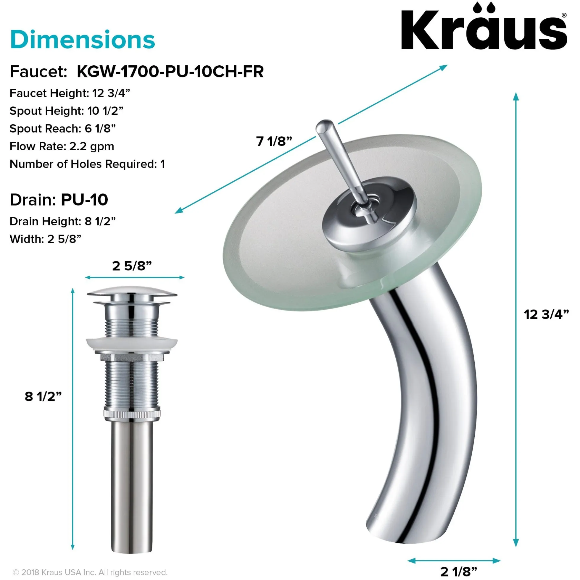 Waterfall Bathroom Faucet with Frosted Glass Disk and Pop-Up Drain in Chrome