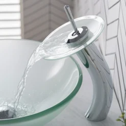 Waterfall Bathroom Faucet with Frosted Glass Disk and Pop-Up Drain in Chrome