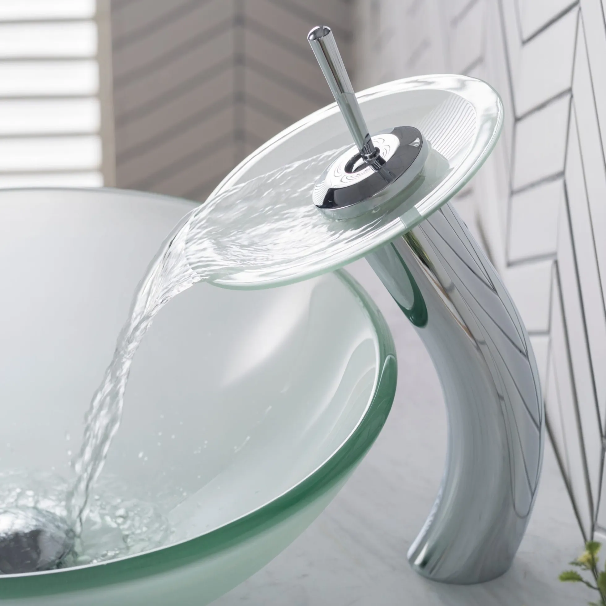 Waterfall Bathroom Faucet with Frosted Glass Disk and Pop-Up Drain in Chrome