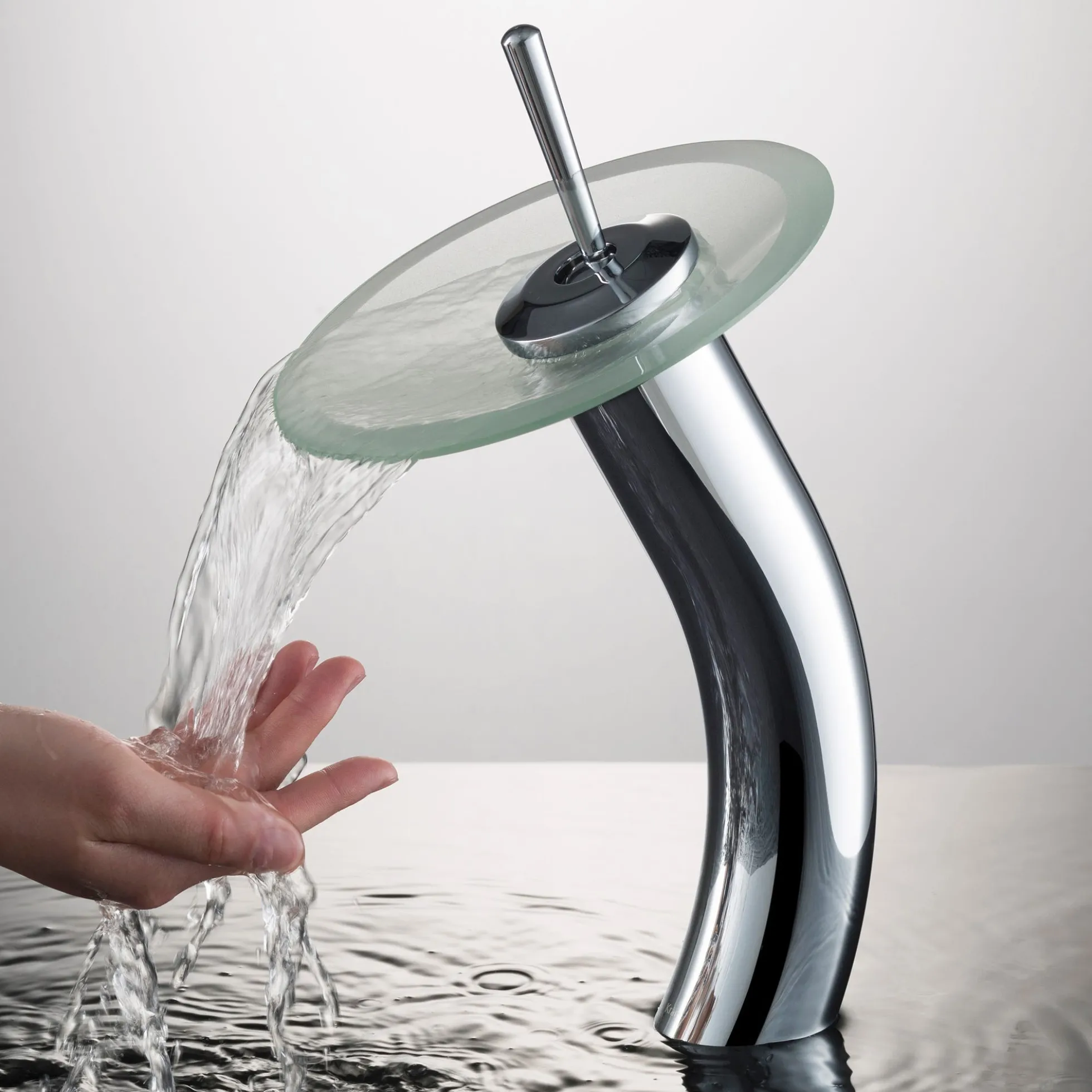 Waterfall Bathroom Faucet with Frosted Glass Disk and Pop-Up Drain in Chrome