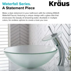 Waterfall Bathroom Faucet with Frosted Glass Disk and Pop-Up Drain in Chrome