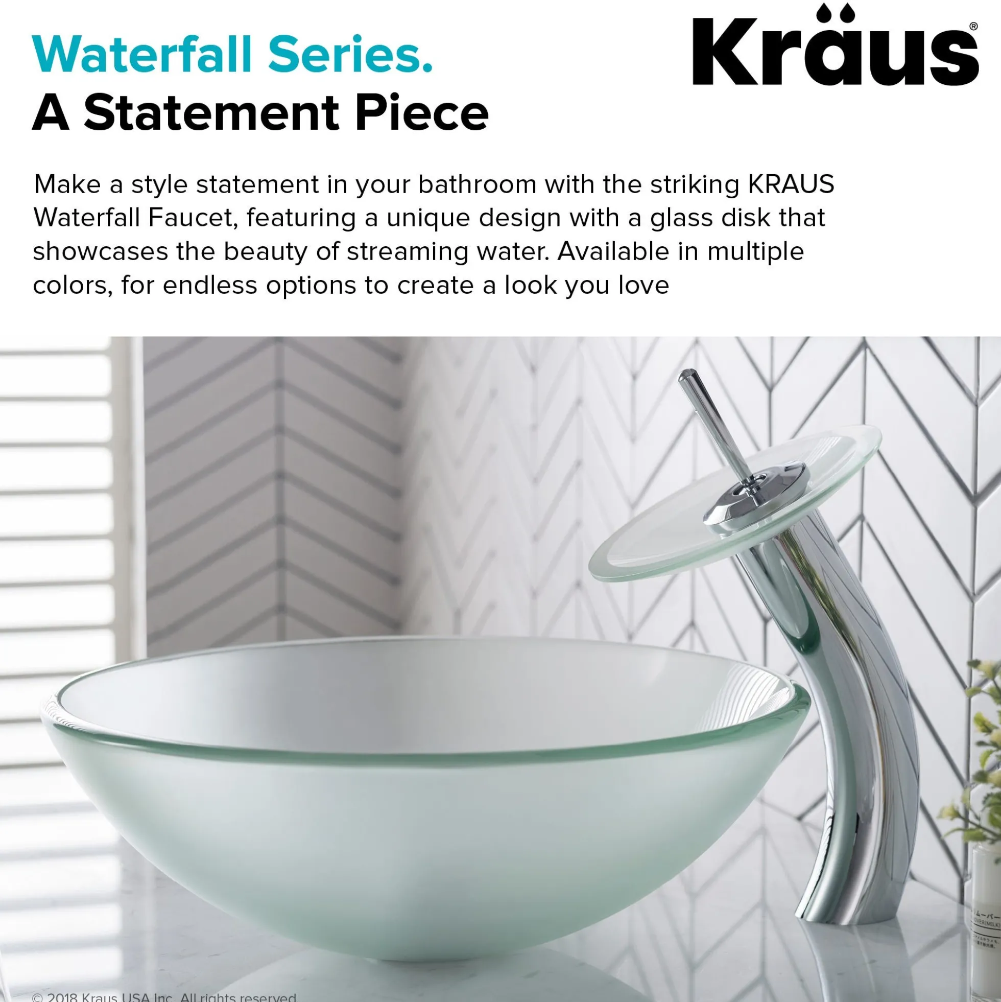 Waterfall Bathroom Faucet with Frosted Glass Disk and Pop-Up Drain in Chrome