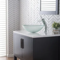 Waterfall Bathroom Faucet with Frosted Glass Disk and Pop-Up Drain in Chrome