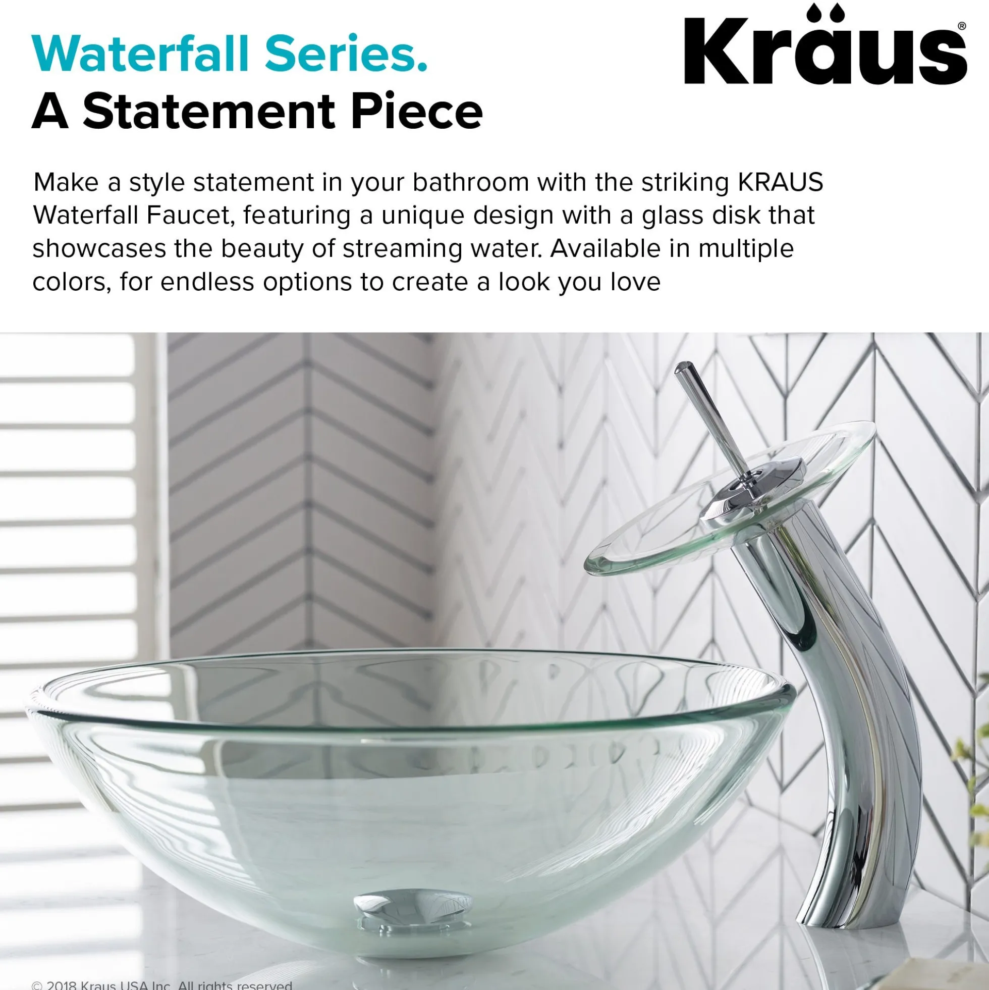 Waterfall Bathroom Faucet with Clear Glass Disk and Pop-Up Drain in Chrome