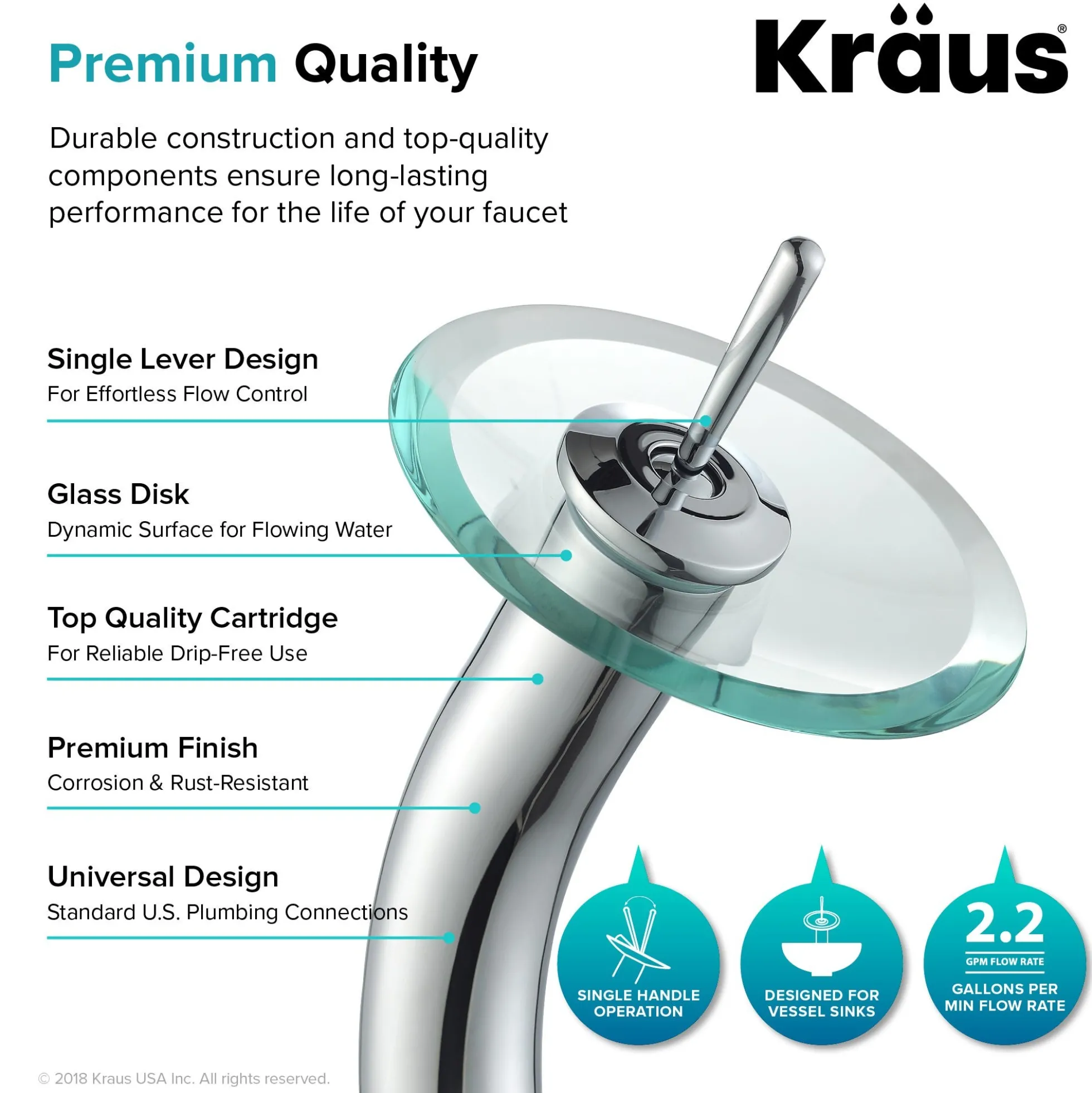 Waterfall Bathroom Faucet with Clear Glass Disk and Pop-Up Drain in Chrome