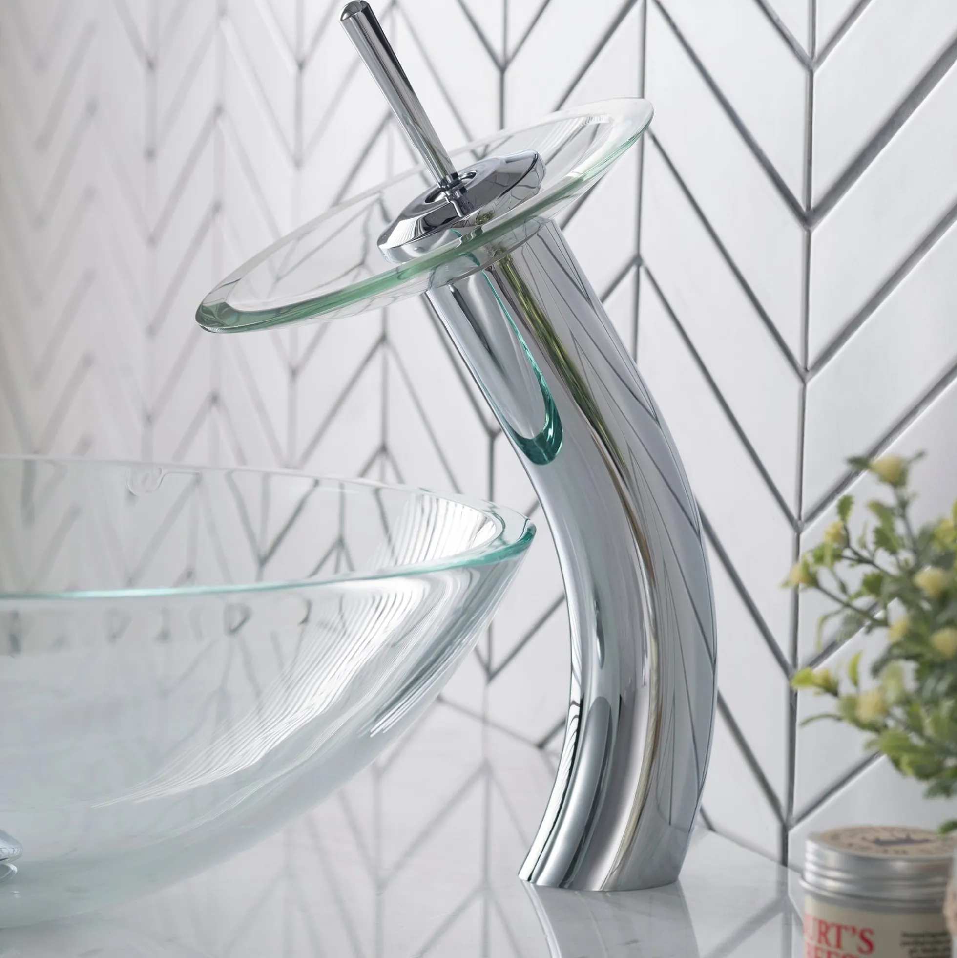 Waterfall Bathroom Faucet with Clear Glass Disk and Pop-Up Drain in Chrome