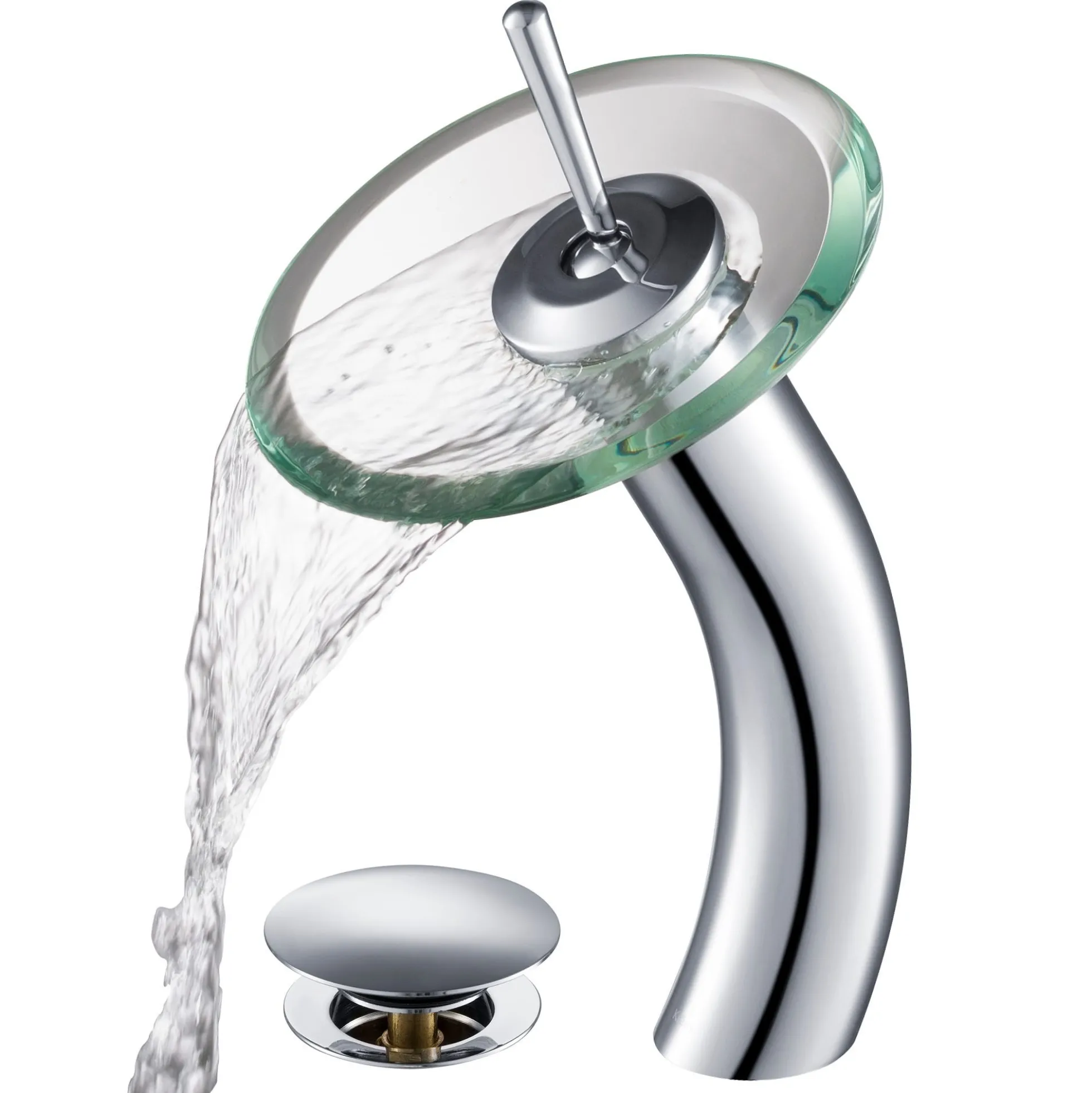 Waterfall Bathroom Faucet with Clear Glass Disk and Pop-Up Drain in Chrome
