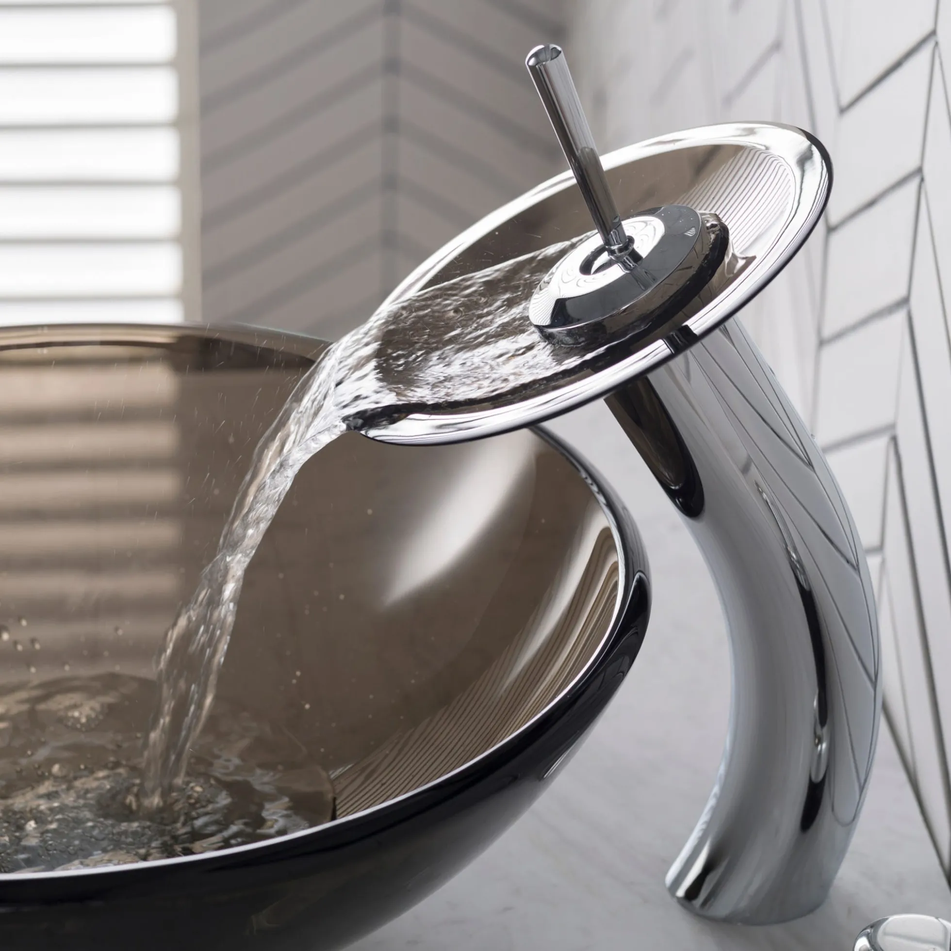 Waterfall Bathroom Faucet with Clear Brown Glass Disk and Pop-Up Drain in Chrome
