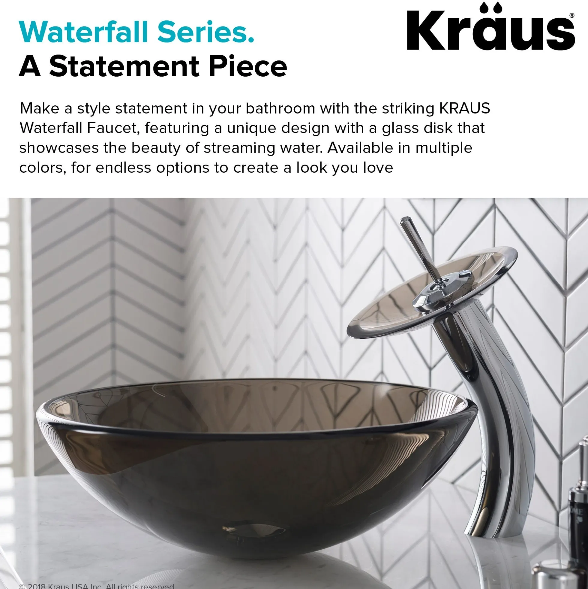Waterfall Bathroom Faucet with Clear Brown Glass Disk and Pop-Up Drain in Chrome