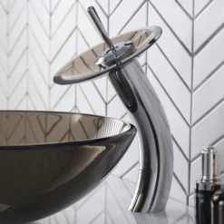 Waterfall Bathroom Faucet with Clear Brown Glass Disk and Pop-Up Drain in Chrome