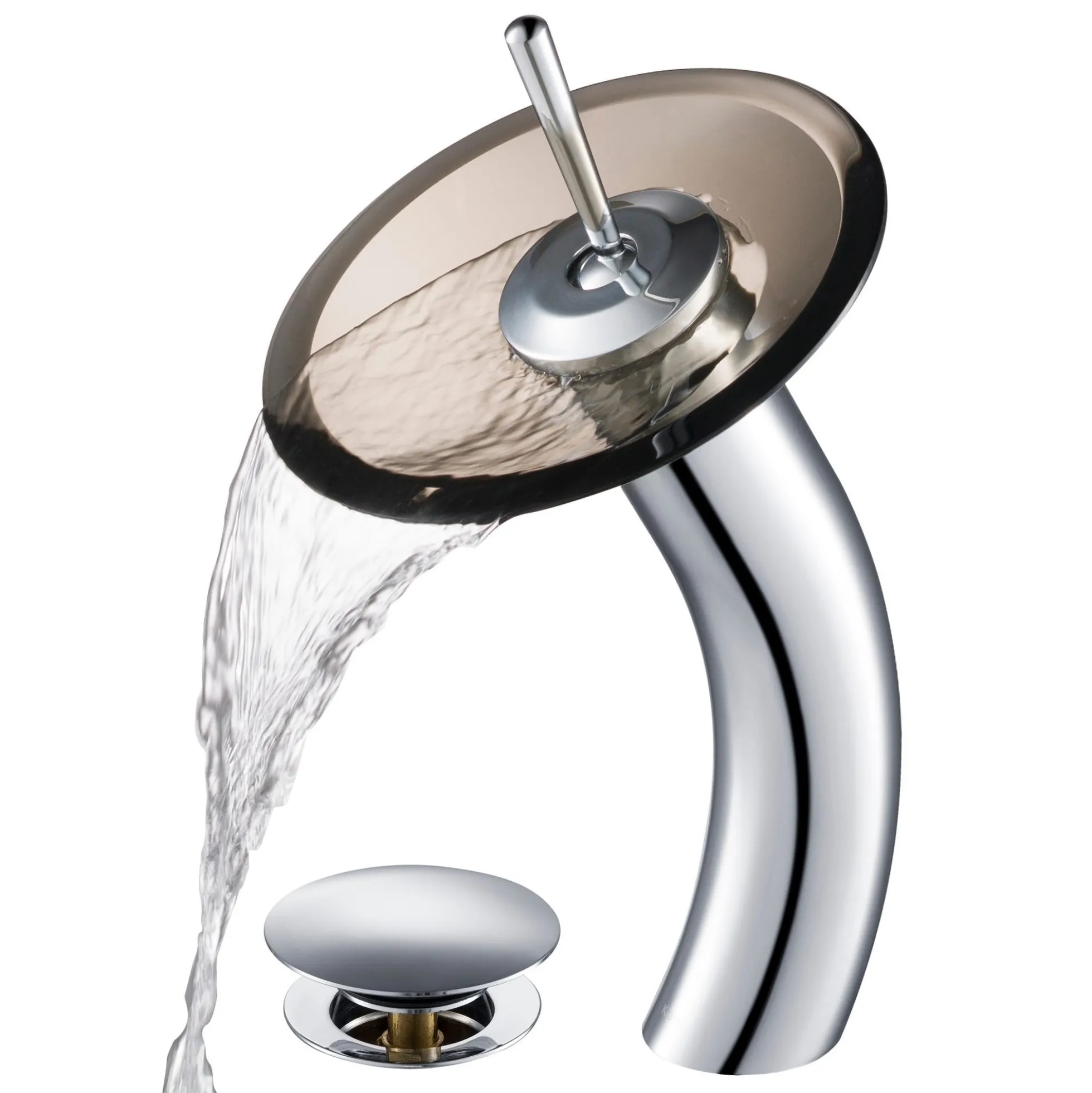 Waterfall Bathroom Faucet with Clear Brown Glass Disk and Pop-Up Drain in Chrome