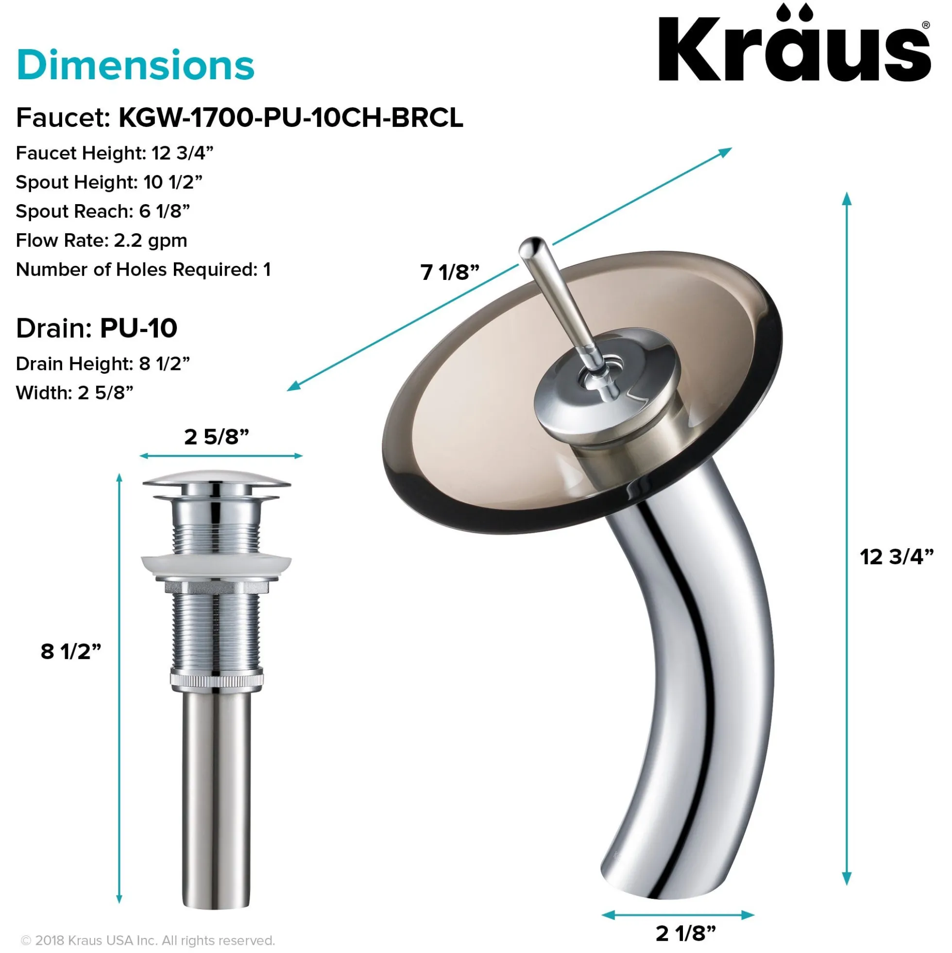 Waterfall Bathroom Faucet with Clear Brown Glass Disk and Pop-Up Drain in Chrome