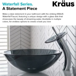 Waterfall Bathroom Faucet with Frosted Black Glass Disk and Pop-Up Drain in Chrome