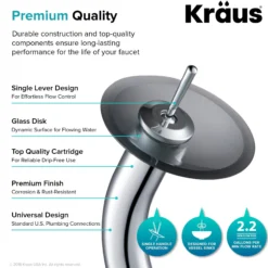 Waterfall Bathroom Faucet with Frosted Black Glass Disk and Pop-Up Drain in Chrome