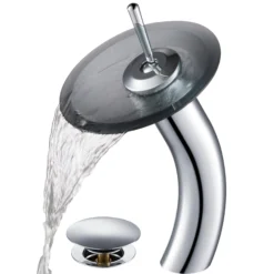 Waterfall Bathroom Faucet with Frosted Black Glass Disk and Pop-Up Drain in Chrome